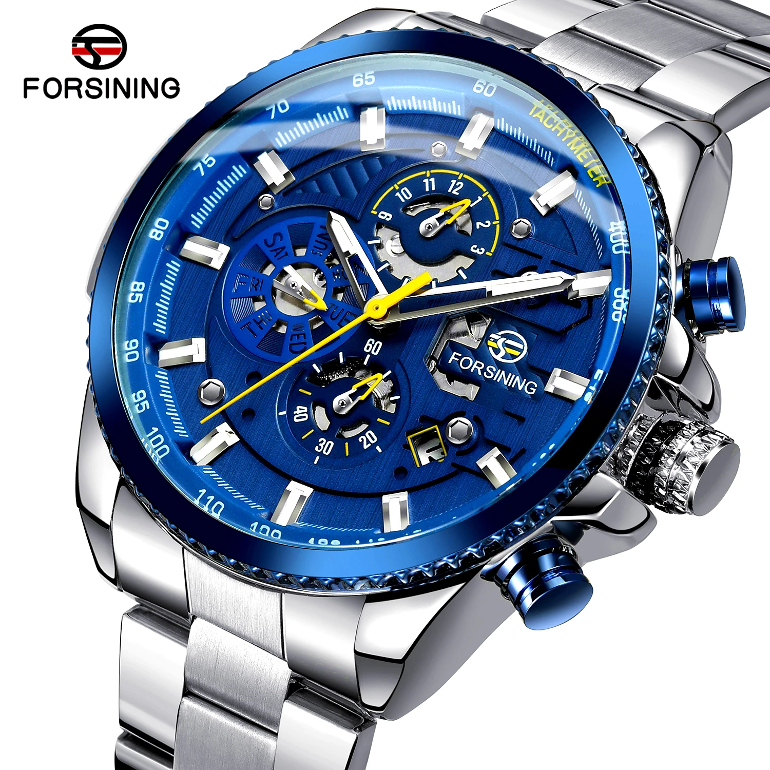 

Forsining Brand Blue Ocean Silver Stainless Steel 3 Dial Calendar Men Automatic Self-wind Mechanical Watch