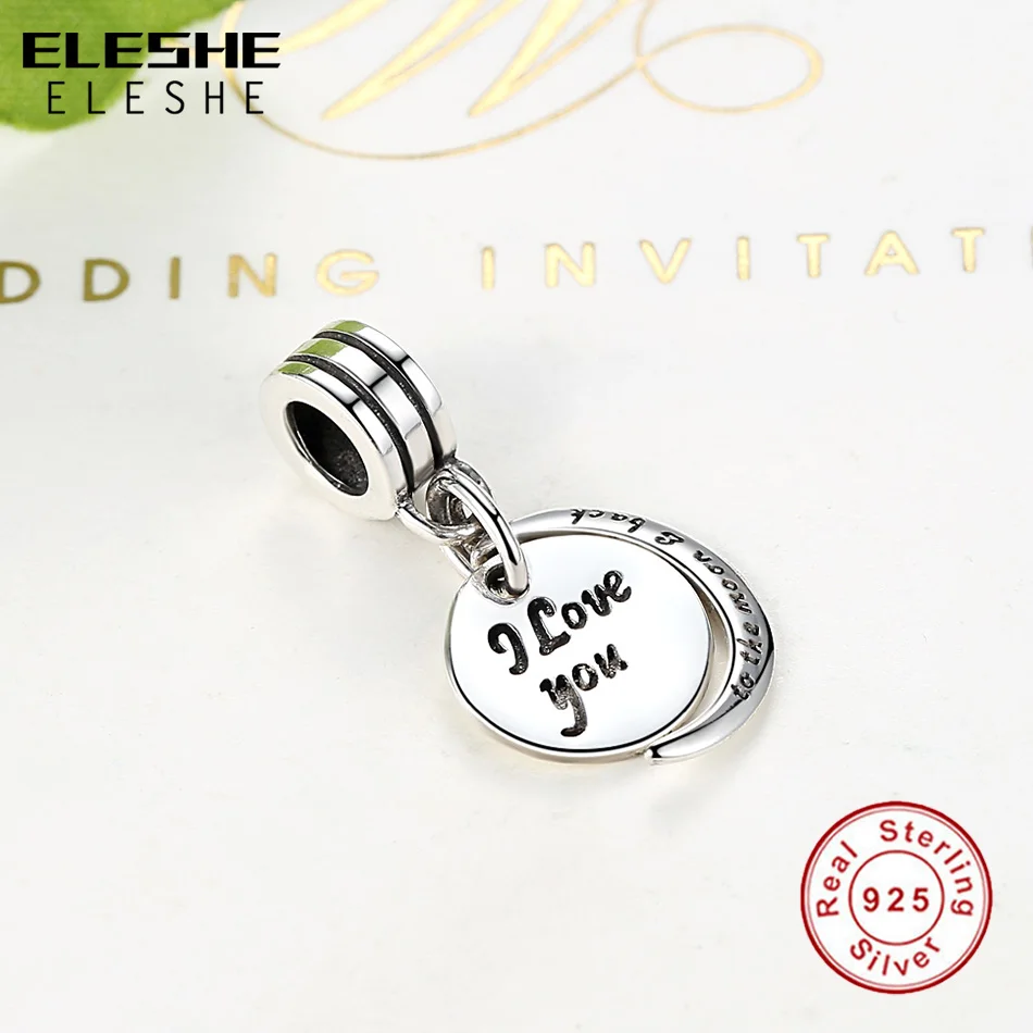 Authentic 925 Sterling Silver Bead Charm I Love You To The Moon & Back Pendant Charm Fit ELESHE Bracelet & Bangle DIY Jewelry