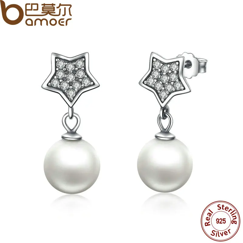 

BAMOER Authentic 925 Sterling Silver Star & Simulated Pearl Drop Earrings for Women Wedding Fine Jewelry SCE004