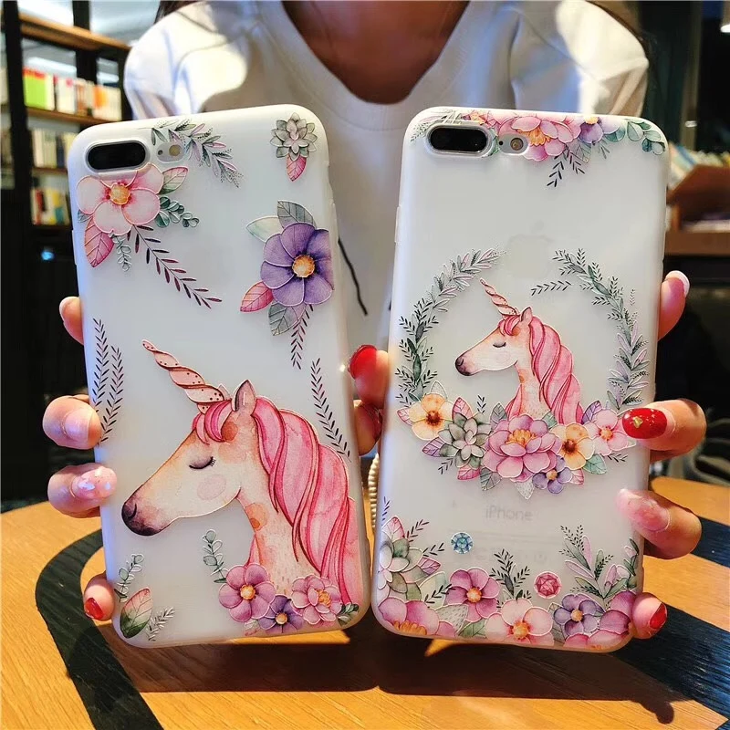 

Scrub 3D Relief Floral phone Cases for iphone X 7 7Plus 8 8plus Cute unicorn Soft silicon Case For iphone SE 5 5s 6 6s 6splus