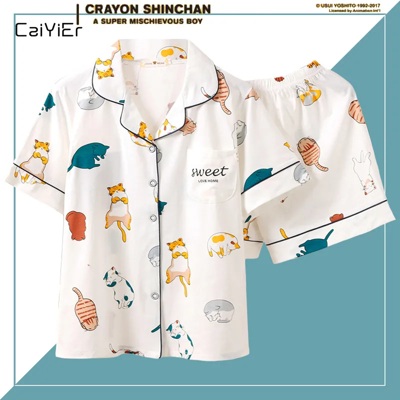 

Caiyier Summer Women Cotton Pajamas Sets Cute White Cat Print Short Sleeve Sleepwear With Eye Mask Girls Nightwear Lovely Homewe