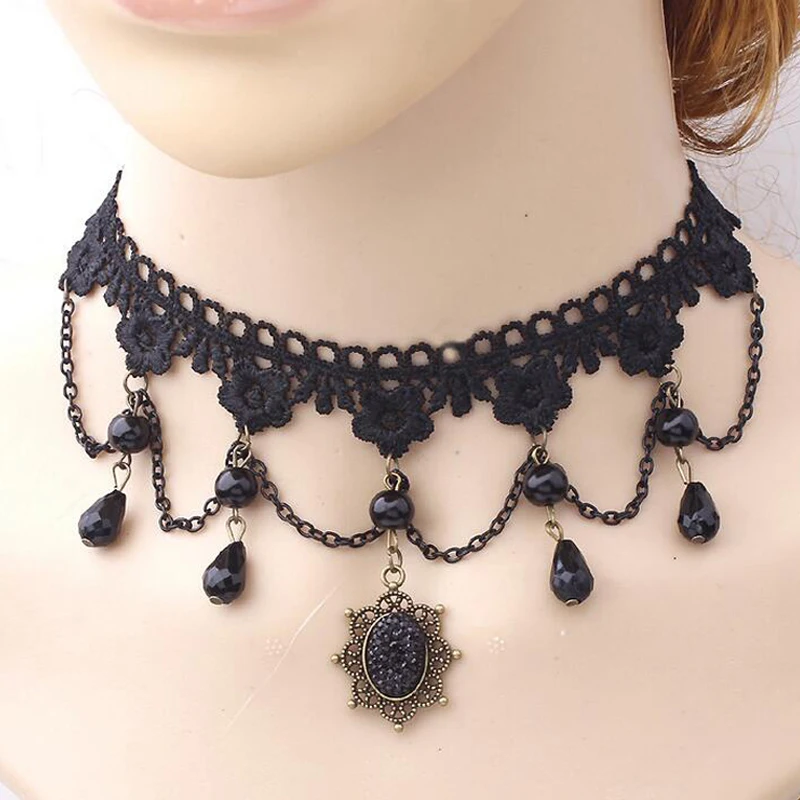 Lace Rope Chain Chokers Necklace Dangle Alloy Flower Charms Multilayer
