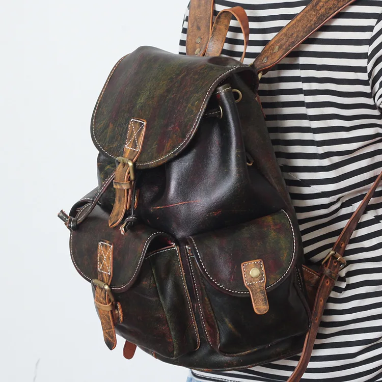 2017 Unisex Genuine leather school backpack vintage cow leather travel knapsack hand coloring high quality coffee cowhide pack