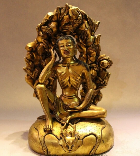

wholesale factory 11" Tibet Buddhist Bronze 24K Gold Milarepa Arhat Buddha Ride Deer Head Statue