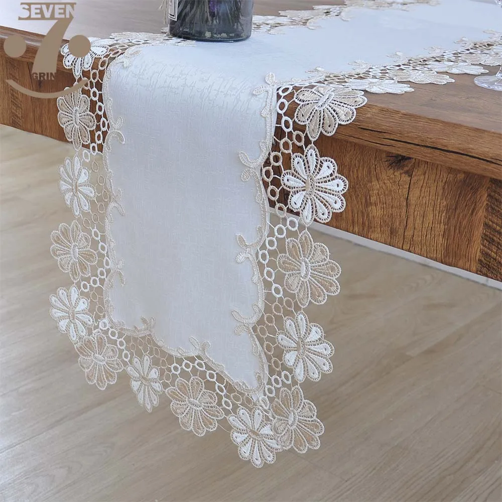 

Free Shipping 100% Polyester White Color Thick Wood Grain Cloth Lace Border Table Runner