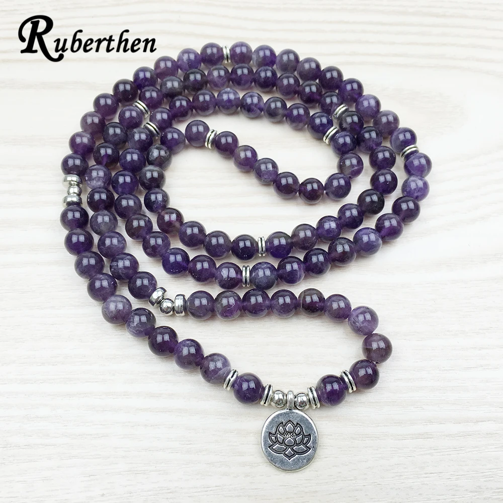 Günstige Ruberthen 2018 Luxuriöse Design Lila Natürliche Stein 108 Mala Lotus Armband oder Halskette Reiki Aufgeladen Buddhistischen Rosenkranz Armband