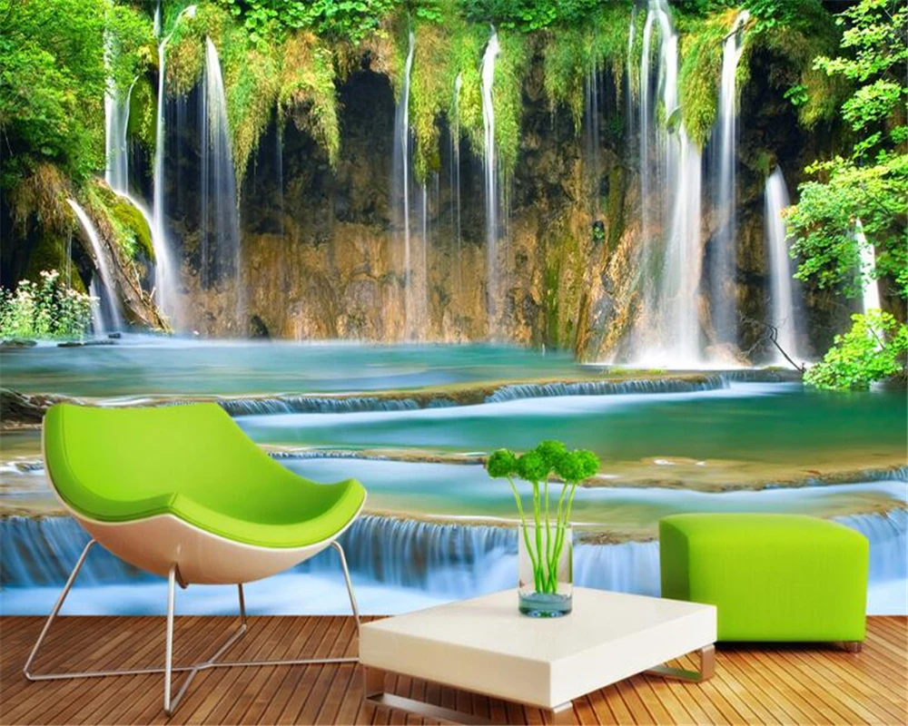Beibehang 3D Wallpaper Waterfall Stereo Landscape Wallpaper Living Room ...