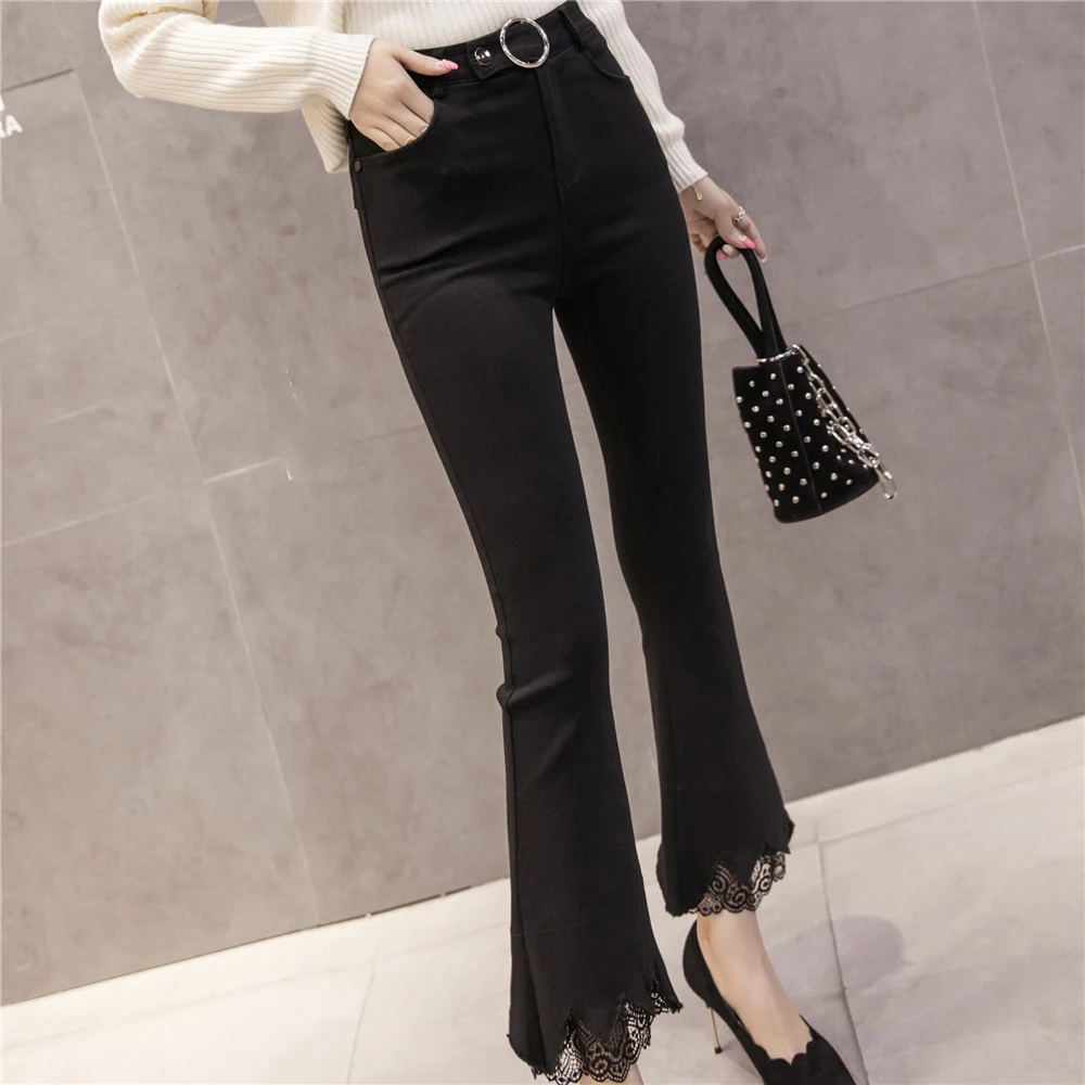 Metal N518d Pants Black Female Trouser High Spliced Lace Ring Skinny Flare Pantalon 8301 Leggings Waist Slim Women Casual Femme For qwFUCz
