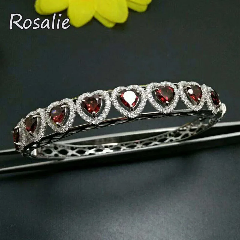 

Rosalie,925 sterling silver bangle with real heart shape red garnet for women anniversary birthday party gift with jewelry box