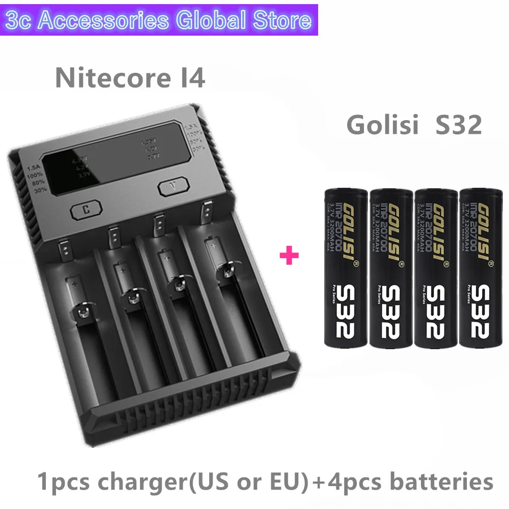 

Golisi 4pcs S32 IMR 20700 3200mah MAX 40A E-CIG rechargeable battery for VAPE with Nitecore New I4 Digi charger LCD Intelligent