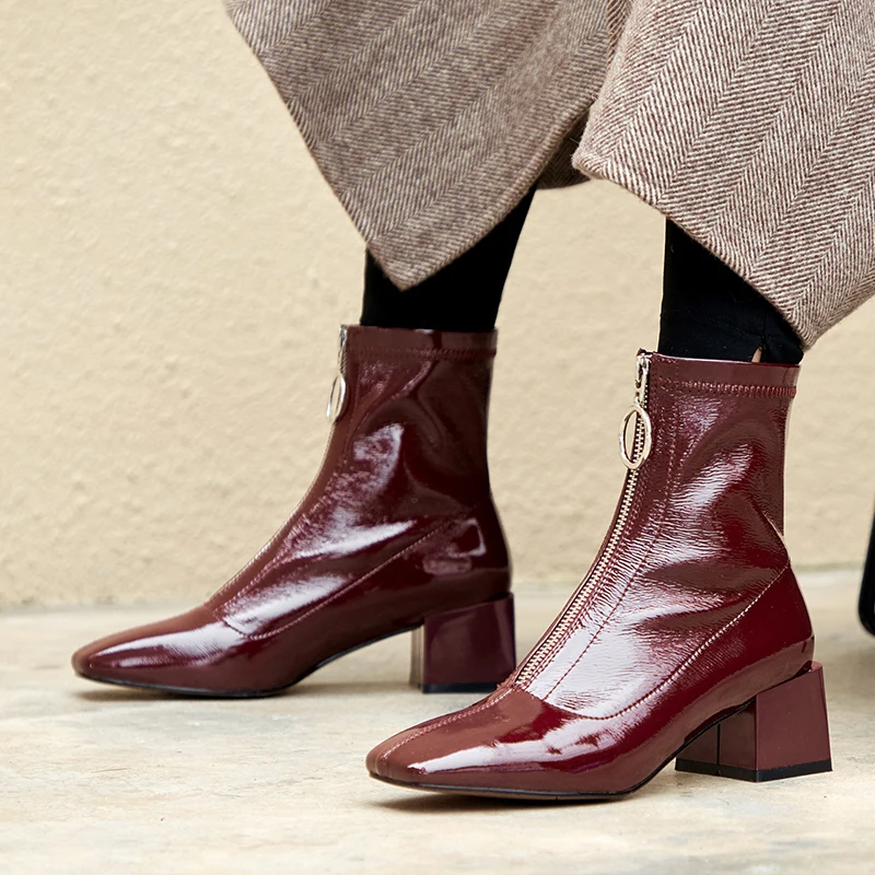 Najtaniej Vangull ins gorące kobiety botki moda Handmade elastyczny patent leRetro kwadratowe krótkie buty zamek błyskawiczny z przodu platformy Martin buty
