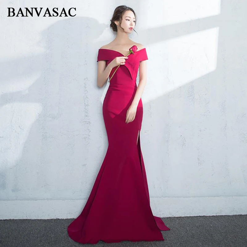 

BANVASAC 2018 V Neck Sexy Split Mermaid Long Evening Dresses Vintage Short Sleeve Party Sweep Train Prom Gowns
