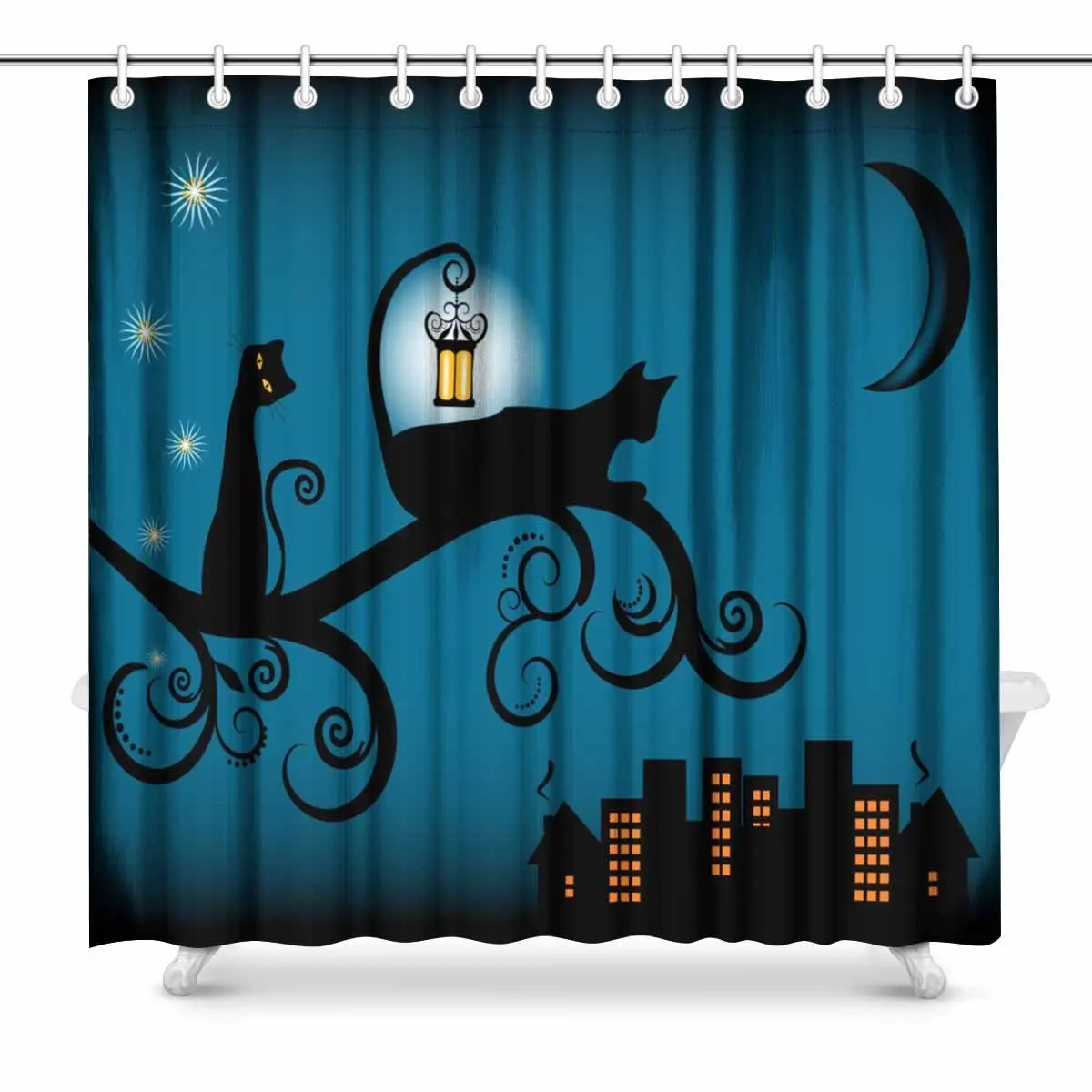 Aplysia Black Cats Against Night Cityscape Halloween Theme Bathroom