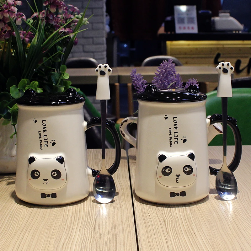 

Lovely Cartoon Cameo Creative Panda with Lid Spoon Mug Handle Office Water Cup Personality Make Tea Ceramic Home Kitchen Cup
