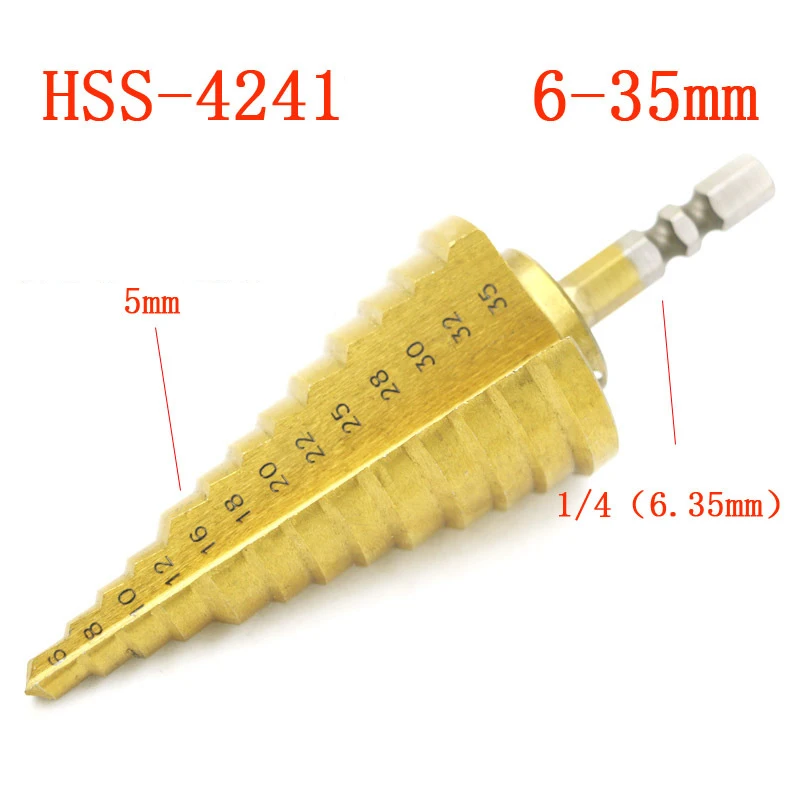 

1pc Hss Step Cone Taper Drill Bit Set Metal Hole Cutter Metric 6-35mm 1/4" Titanium Coated Metal Hex Taper Hand Tools NEW Hot