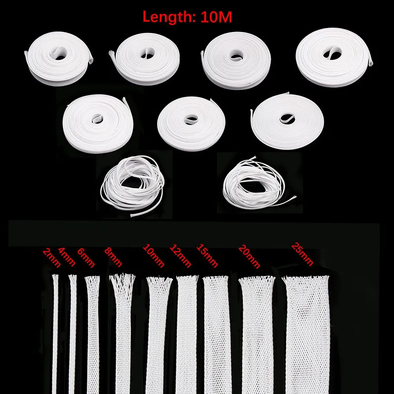 

10M White Insulation Braided Sleeving 2/4/6/8/10/12/15/20/25mm Tight PET Expandable Cable Wire Gland Cables Protection Sleeve