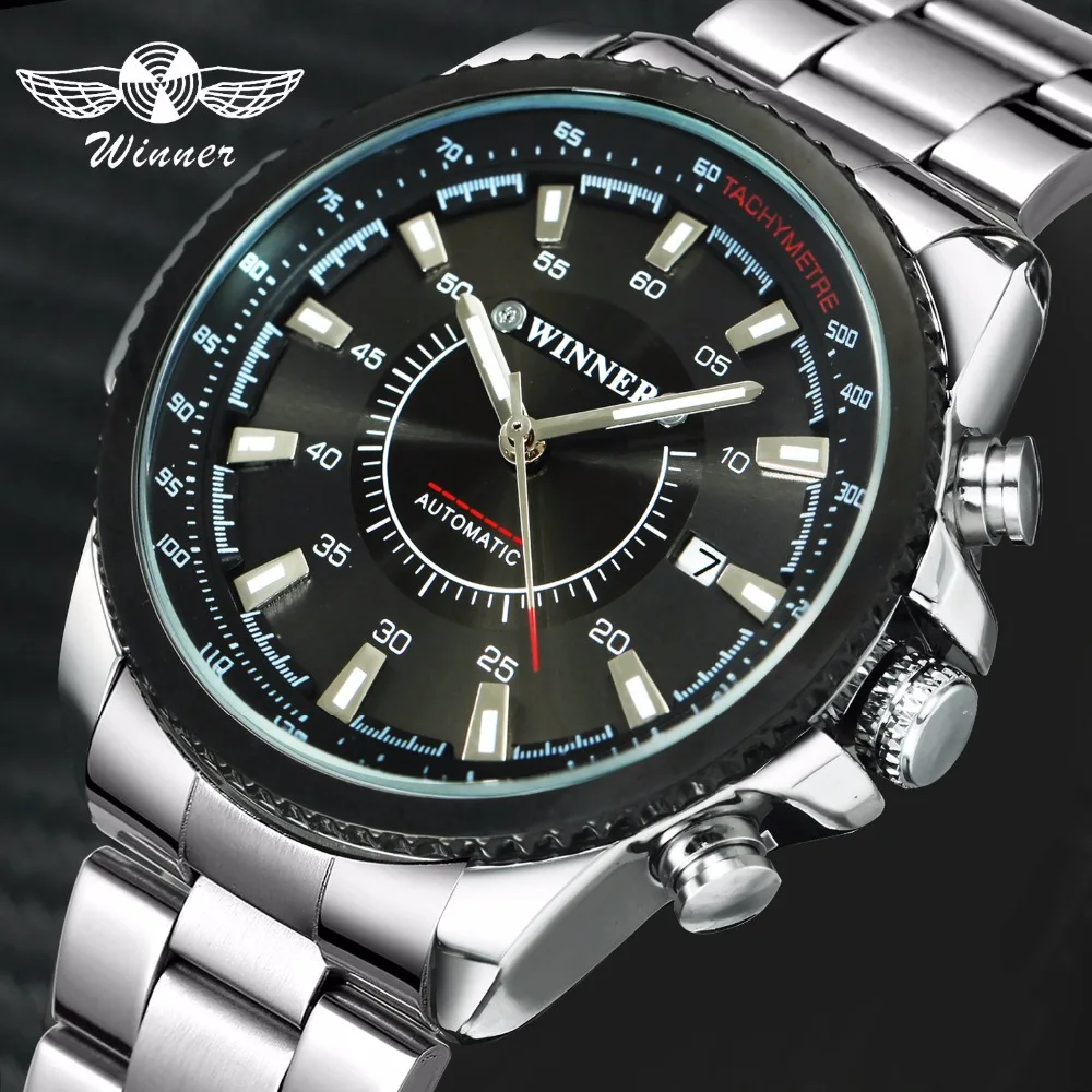 

WINNER Official Business Automatic Mechanical Watch Men Date Display Top Brand Luxury Stainless Steel Strap Wristwatches 2019