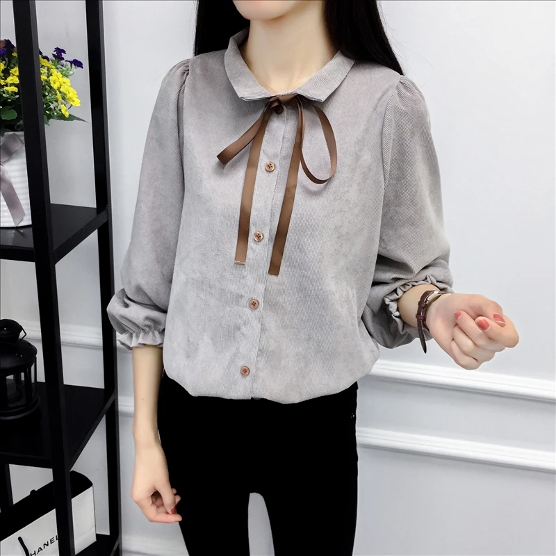 Autumn Long Sleeve Women Shirt Preppy Style Bow Woman Shirt Corduroy Plus Thick Solid Color Women Blouses Turn-Down Collar Top (16)