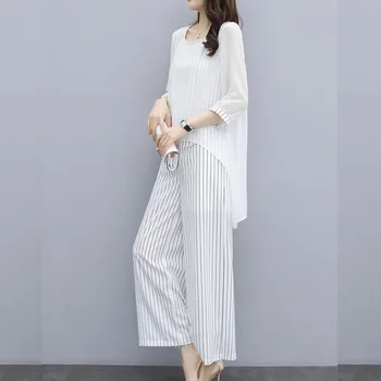 

Women Casual O-Neck 3/4 Quarter Sleeve Mesh Plus Size 2 Piece Set Long Chiffon Solid Loose Stripes Two Piece Outfits