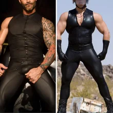 Новое поступление Мужская Футболка Клубная одежда сценические кожаные мужские топы панк молния без рукавов модная черная футболка