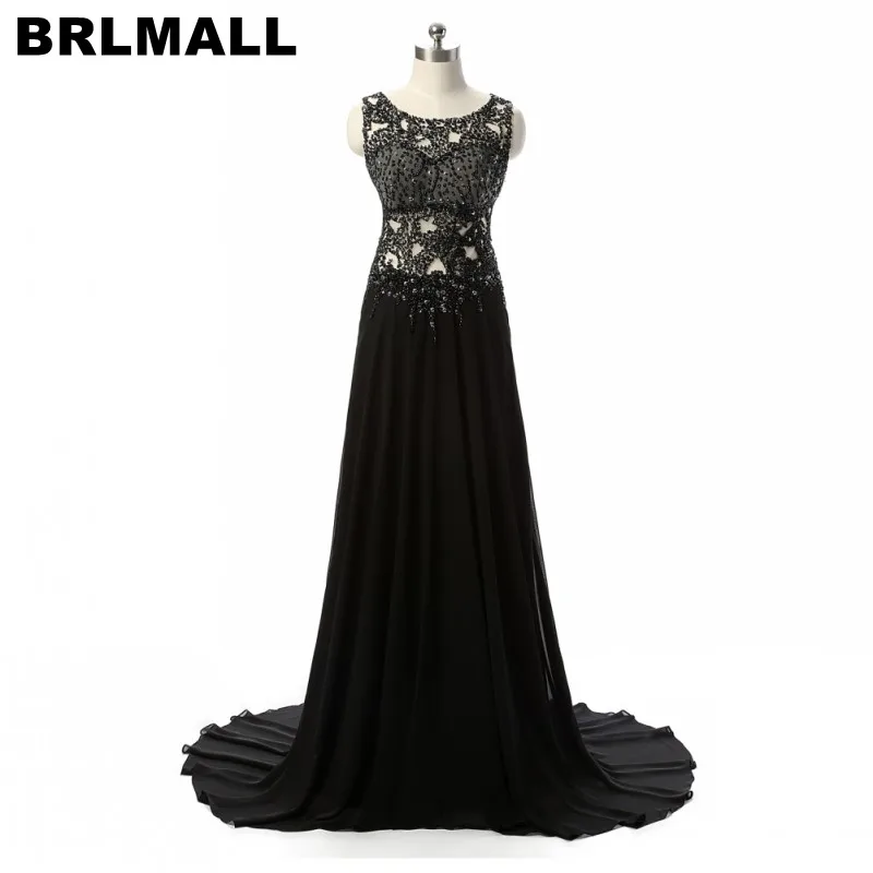 BRLMALL Graceful Black Prom Dress With court train Beaded Pearls Evening Dress Elegant A Line