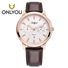 ONLYOU Brand Men Watches Rosegold Watch Fashion Leisure Leather Waterproof Quartz Watch Black and Brown Band Male Clock Business