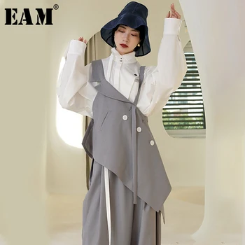 

[EAM] 2020 New Spring Summer V-collar Sleeveless Obique Button Irregular Hem Personality Tank Tops Women Fashion Tide JR445
