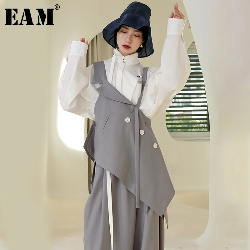 

[EAM] 2019 New Spring Summer V-collar Sleeveless Obique Button Irregular Hem Personality Tank Tops Women Fashion Tide JR445