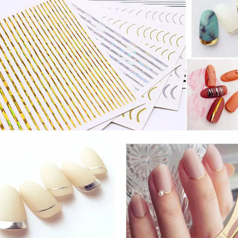 

3D Gold Silver Lines Circles Nail Stickers Hollow Geometry Line 3D Nail Art Sticker Adhesive Slider Sticker Moon Decals