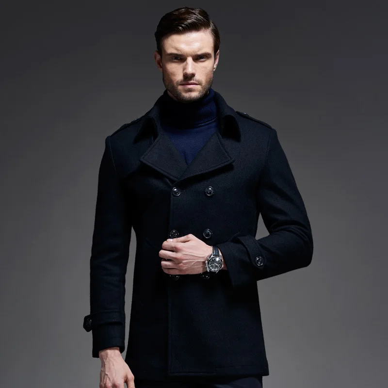 

AIMENWANT 2017 Autumn/Winter Thick Grey Woolen Coat for mens Double Breasted Slim Medium Length Outwear Father Winter Overcoat