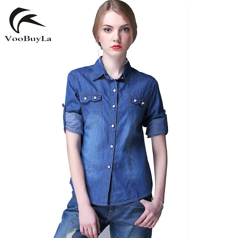 

VooBuyLa Fashion 4XL 5XL 6XL Oversized Denim Shirt Women Long Sleeve Turn-Down Collar Blouse Jeans Female Jean Shirts For Ladies
