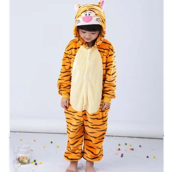 

Tiger Costume Pajamas Cartoon Animal Cosplay Flannel Jumpsuit Kids Pijama Children Kigurumi Onesie Pockets Hooded Hips Zipper