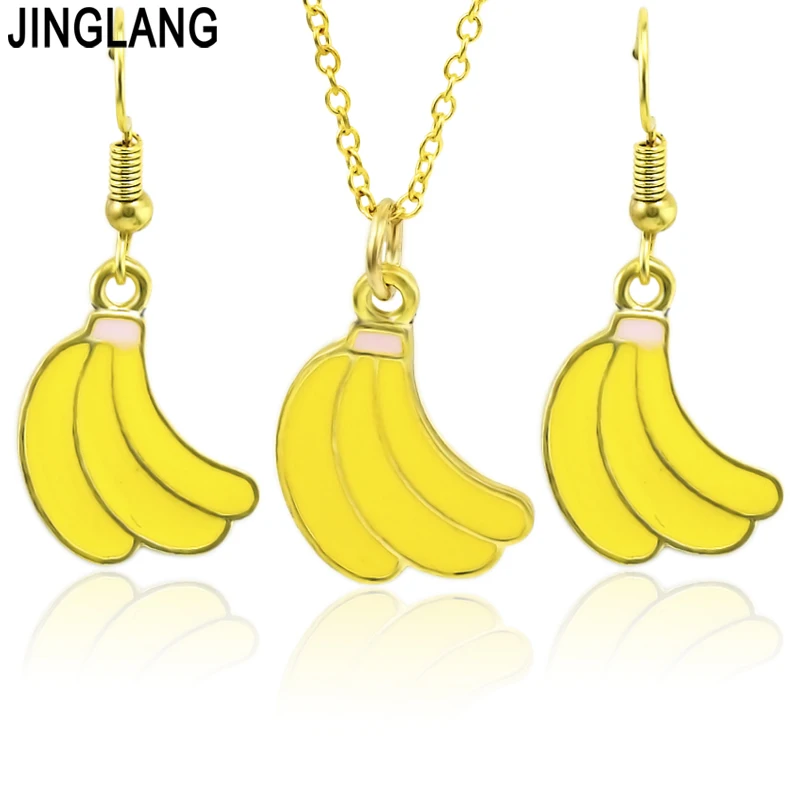 

JINGLANG Romantic Banana Pattern Earrings Necklace Set Silver Color Chain Jewelry Sets Wedding Jewelry Valentine's Gift