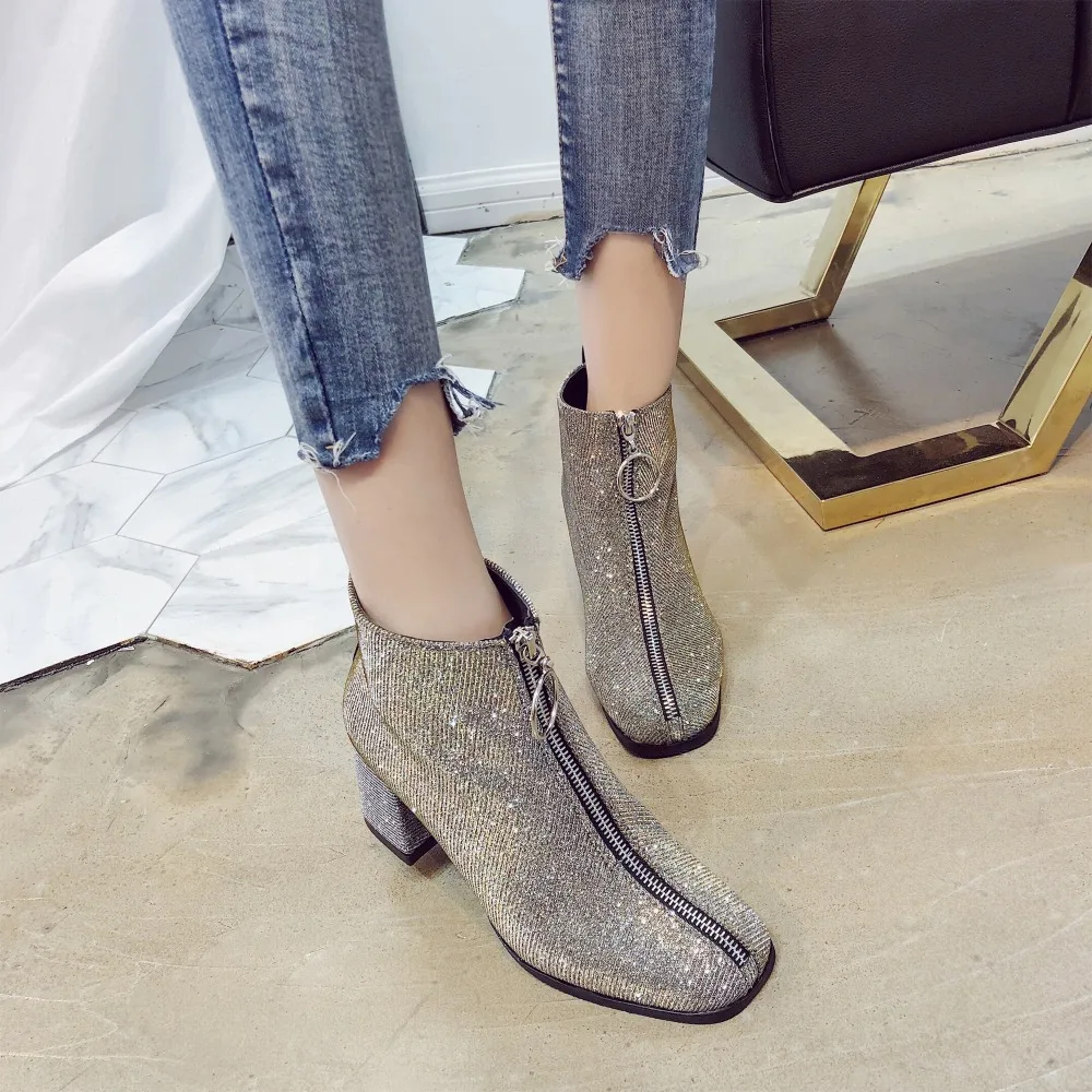 

Sooneeya Bling Zipper Autumn Winter Boots Women Sequined Cloth Cylinder Ankle Boots Woman Square Toe Middle Heels Botas Mujer 40