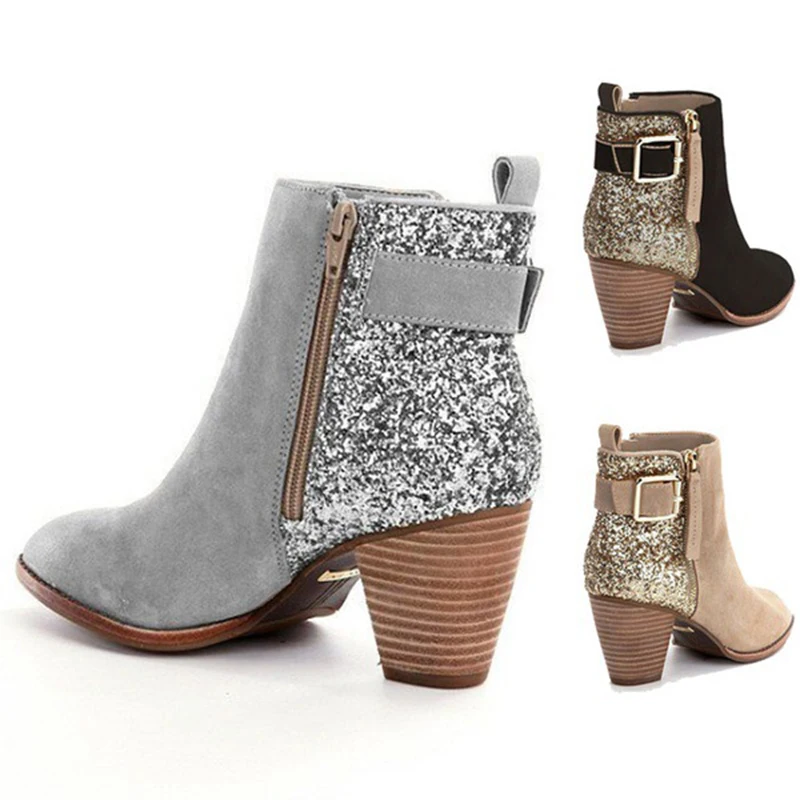 

Women Fashion Sexy Ankle Boots sequined ladies autumn winter boots zipper large size low boots sapato feminino NB271
