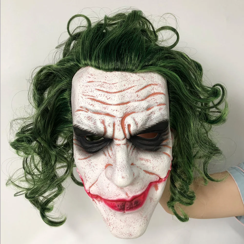 Маска Джокер фильм Бэтмен Темный рыцарь ужас клоун Косплей латексные маски с зелеными волосами парик страшный Хэллоуин Вечеринка костюм реквизит