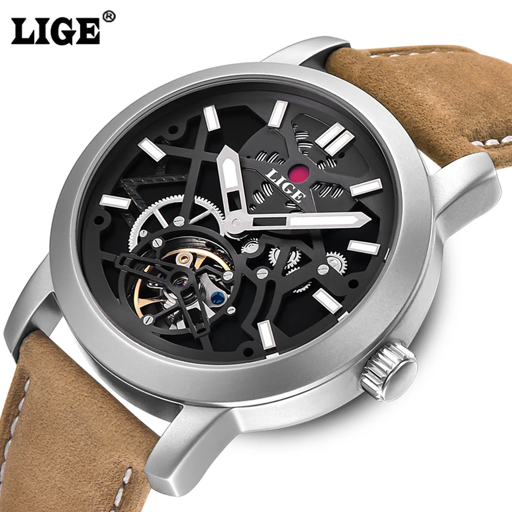 LIGE 2016 NEW Men s Skeleton WristWatch 3D face Genuine Leather Casual sport Automatic Skeleton Mechanical