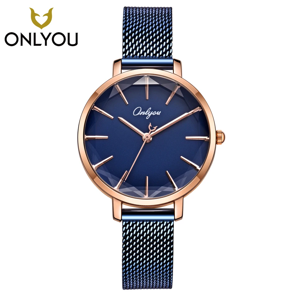 

ONLYOU Dress Watch Women Elegant Quartz Clock Mesh Steel bracelet Colorful Wristwatch Luxury blue Fashion Watches Rosegold