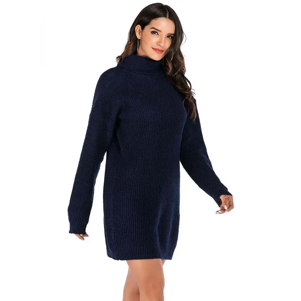 Wixra Solid Knitted Dresses Women Long Sleeve High Street Turtleneck Short Dresses 2019 Autumn Winter New