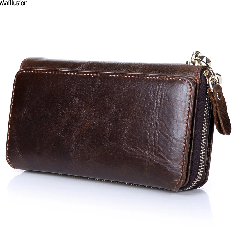 Maillusion Men Clutch Wallets Genuine Leather Long Purses Zipper Phone Bag For Male Business Large Capacity Wallet With Wristlet tweed zipper makeup bag with wristlet