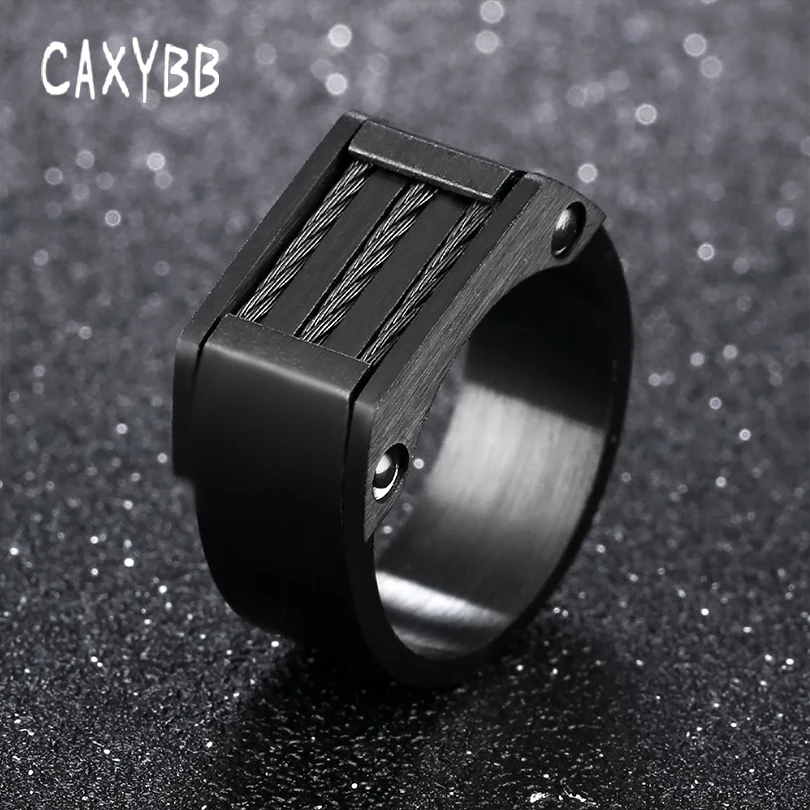 Caxybb Simple Square Titanium Steel Men Ring infinite Twisted Wide Fashion Finger Ring Cool Punk Steel Black Ring Male Jewelry