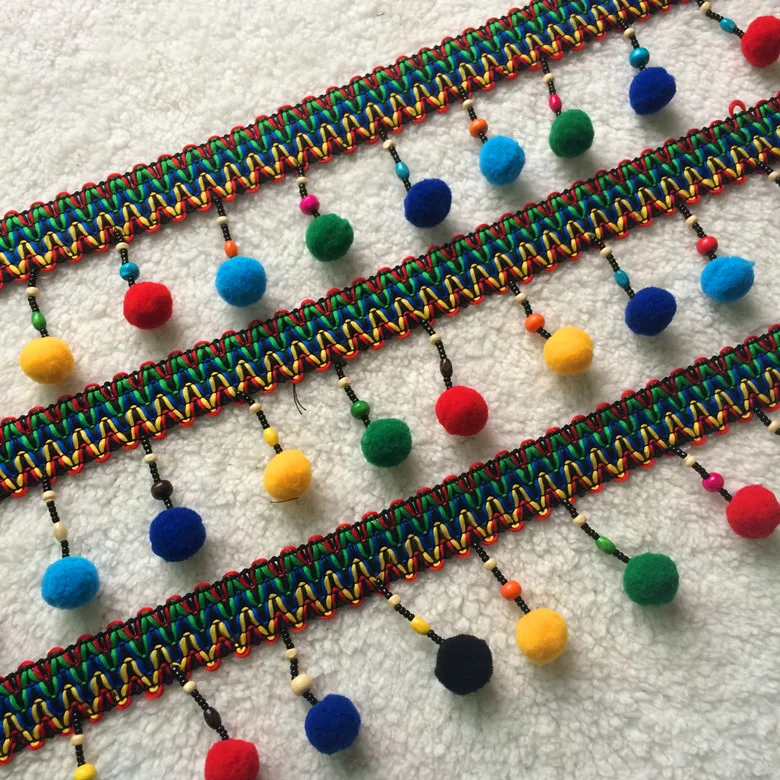 

5 Yard/lot New Large color hair ball lace Tassel Fringe ribbon bag, clothing decoration lace trim materials