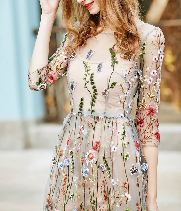 2018 Вечеринка платья для женщин великолепные Половина рукава Sheer Mesh Вышивка Boho