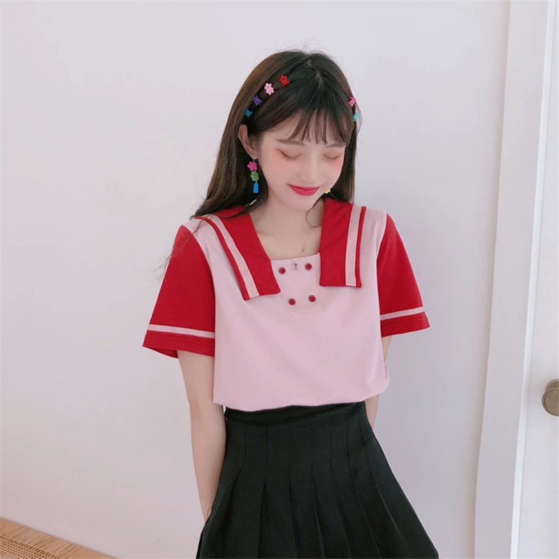 

Korean Loose navy collar Short-sleeved Summer Women T-shirt Women 2019 New Retro college wild Slim Leisure T-shirt QQ166