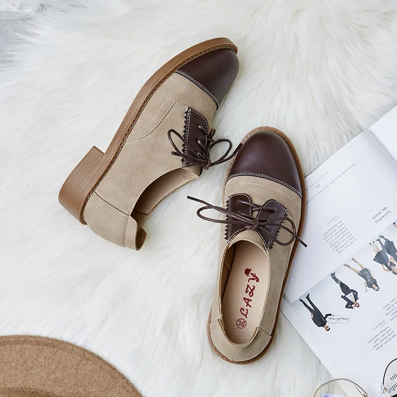 mixed color patchwork oxford shoes woman lace up derby shoes retro