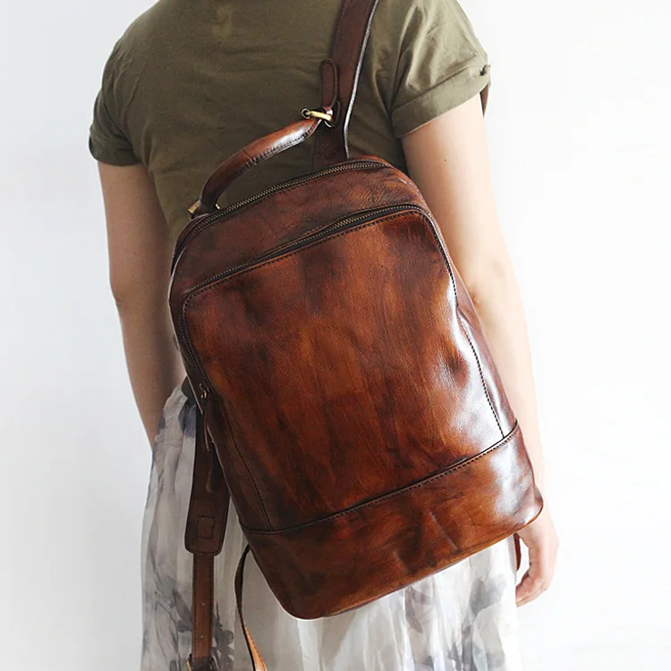 

Genuine leather backpack hand coloring High capacity large cowhide vintage style solid color Travel knapsack