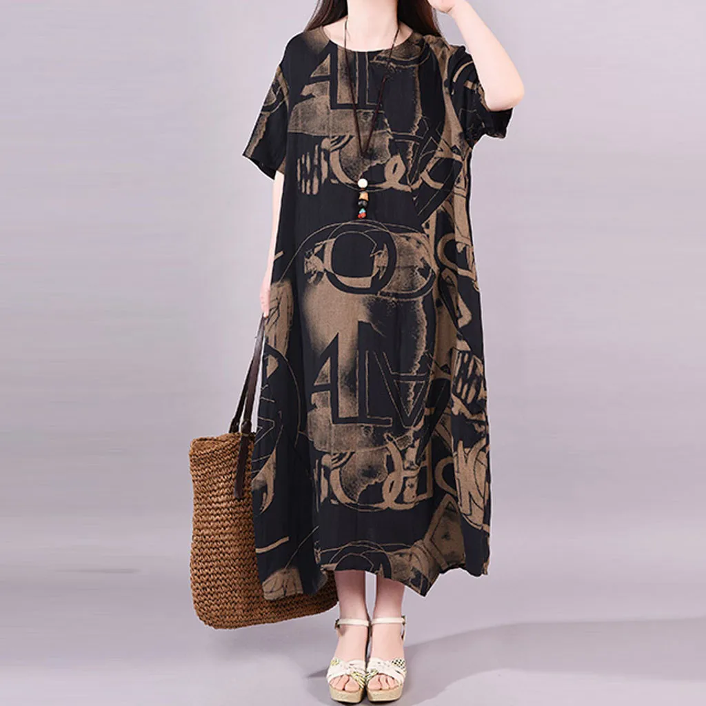 Женское платье большого размера с круглым вырезом и коротким рукавом из хлопка и льна, Повседневное платье с карманами размера плюс, с цветочным принтом