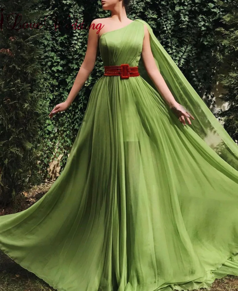

New Arrival 2019 Green Chiffon Evening Dress Custom made A Line One Shoulder Formal Long Evening Gown