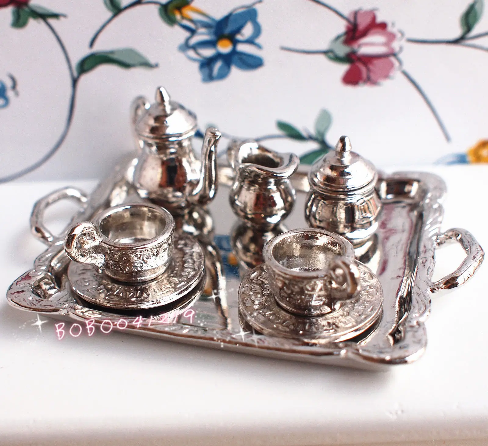 

Dollhouse Miniature 1:12 Toy 8 Pieces Metal Silver Tea Set Length 6.5cm DM62