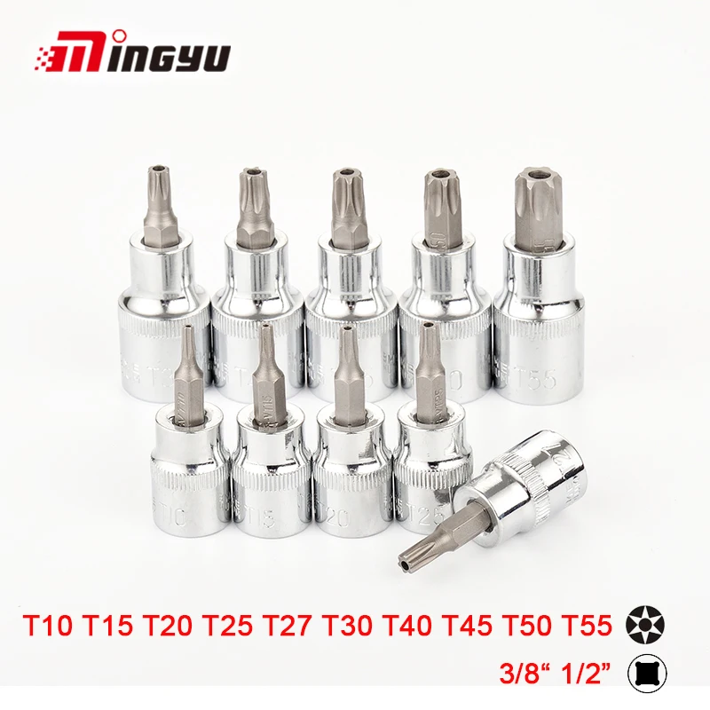 10 шт. торцевые бит 1/2 3/8 дюйма звездочки с отверстиями T10 T15 T20 T25 T27 T30 T40 T45 T50 T55